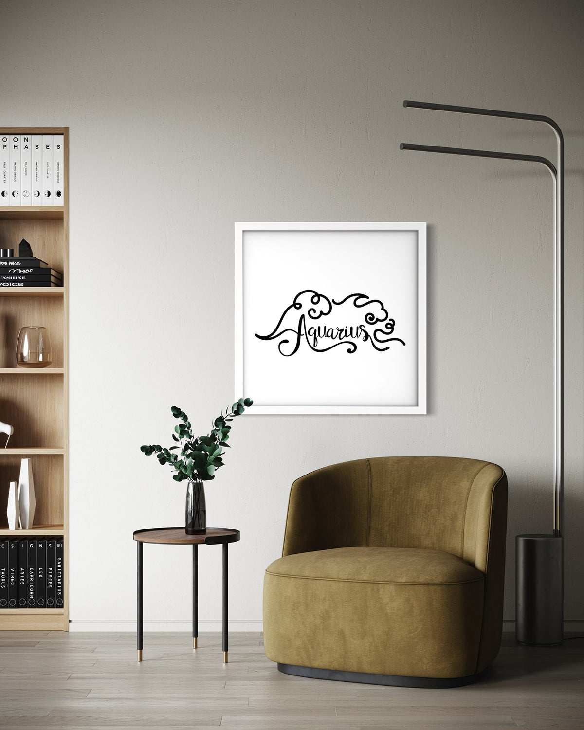 Aquarius Line Drawing framed art print displayed in a styled room setting