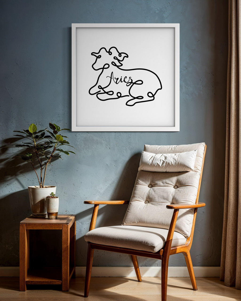 Aries Line Drawing framed art print displayed in a second styled room setting