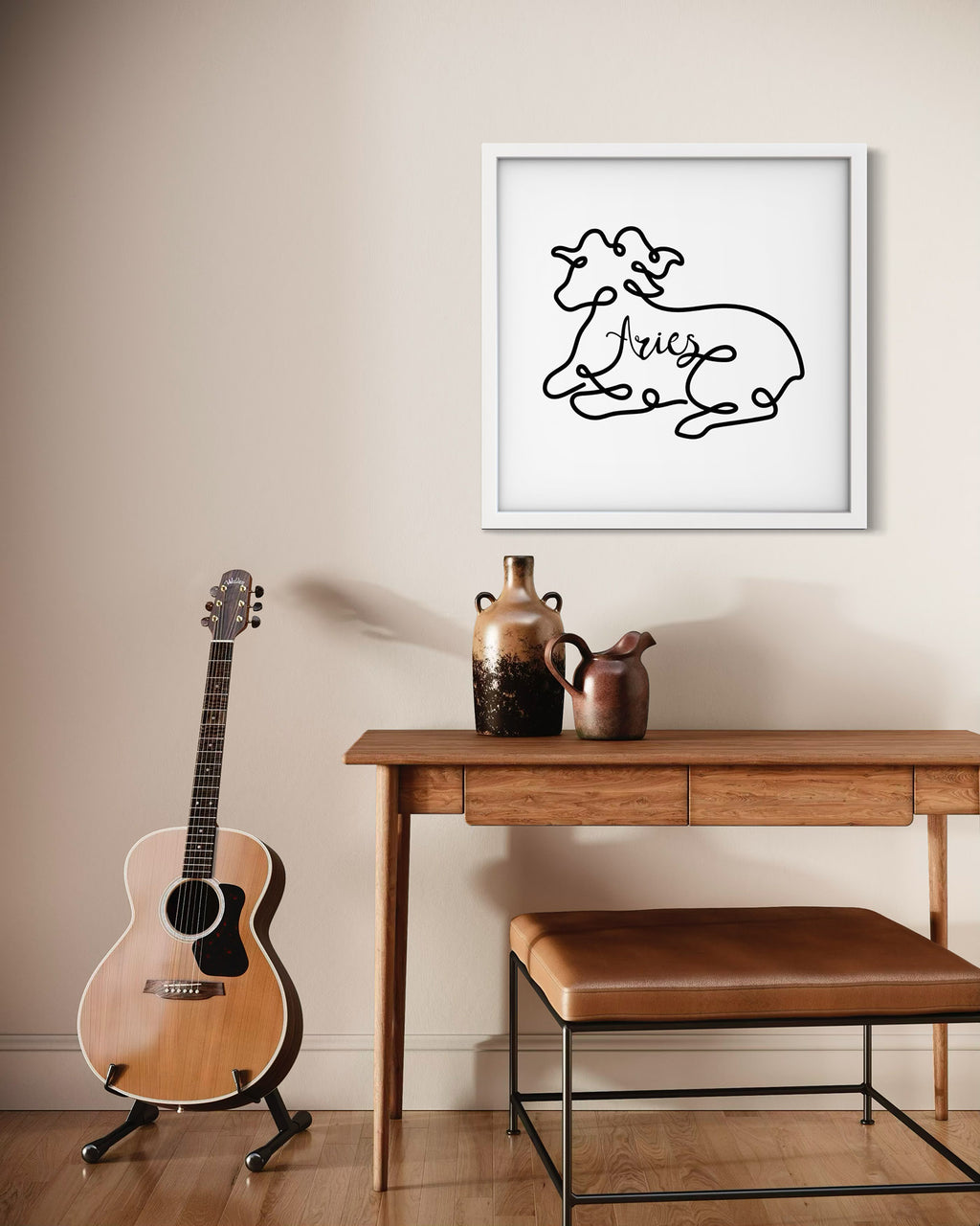 Aries Line Drawing framed art print displayed in a styled room setting