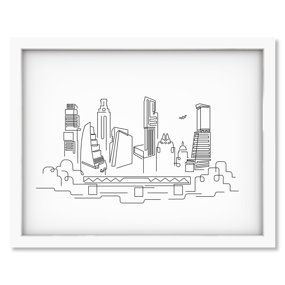 Austin TX 2025 Skyline art print mockup in a white frame