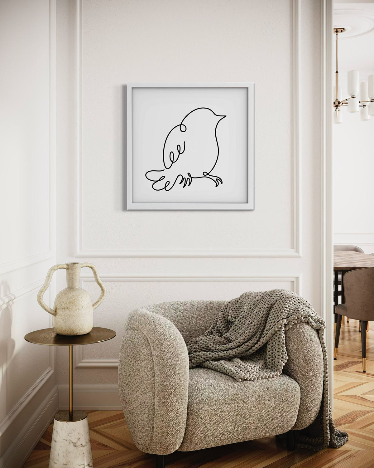 Bird framed art print displayed in a styled room setting