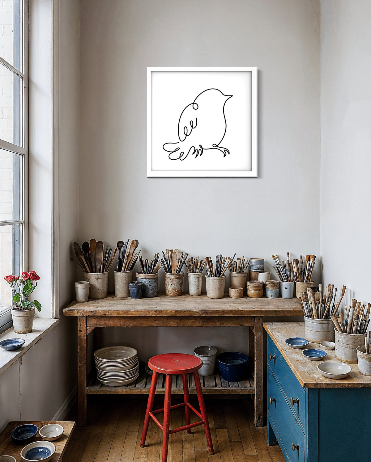 Bird framed art print displayed in a second styled room setting