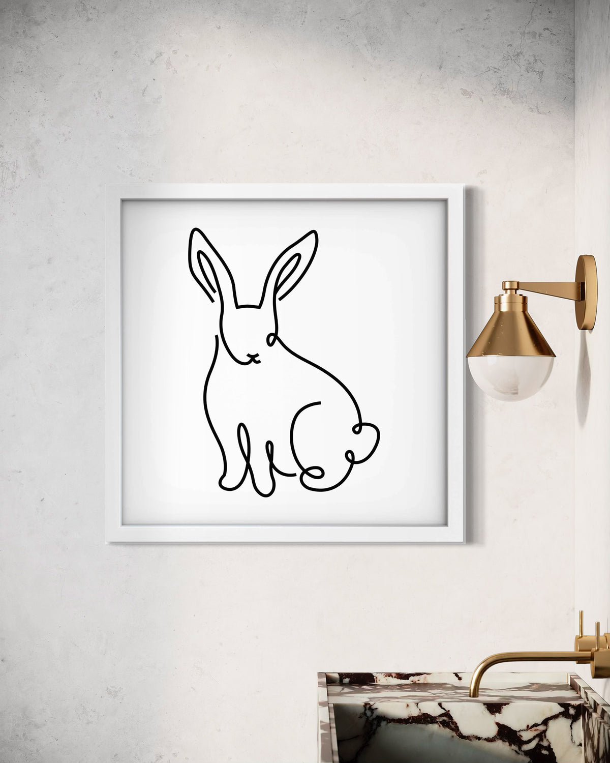 Bunny framed art print displayed in a styled room setting