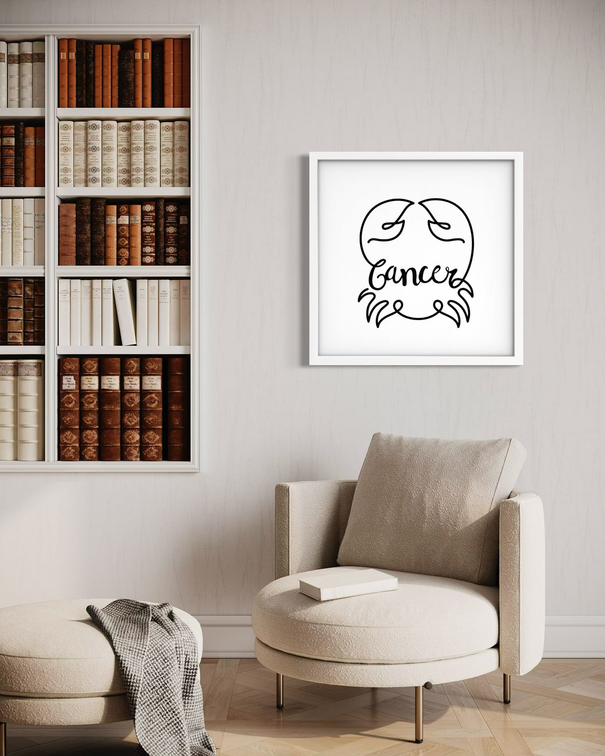 Cancer Line Drawing framed art print displayed in a styled room setting
