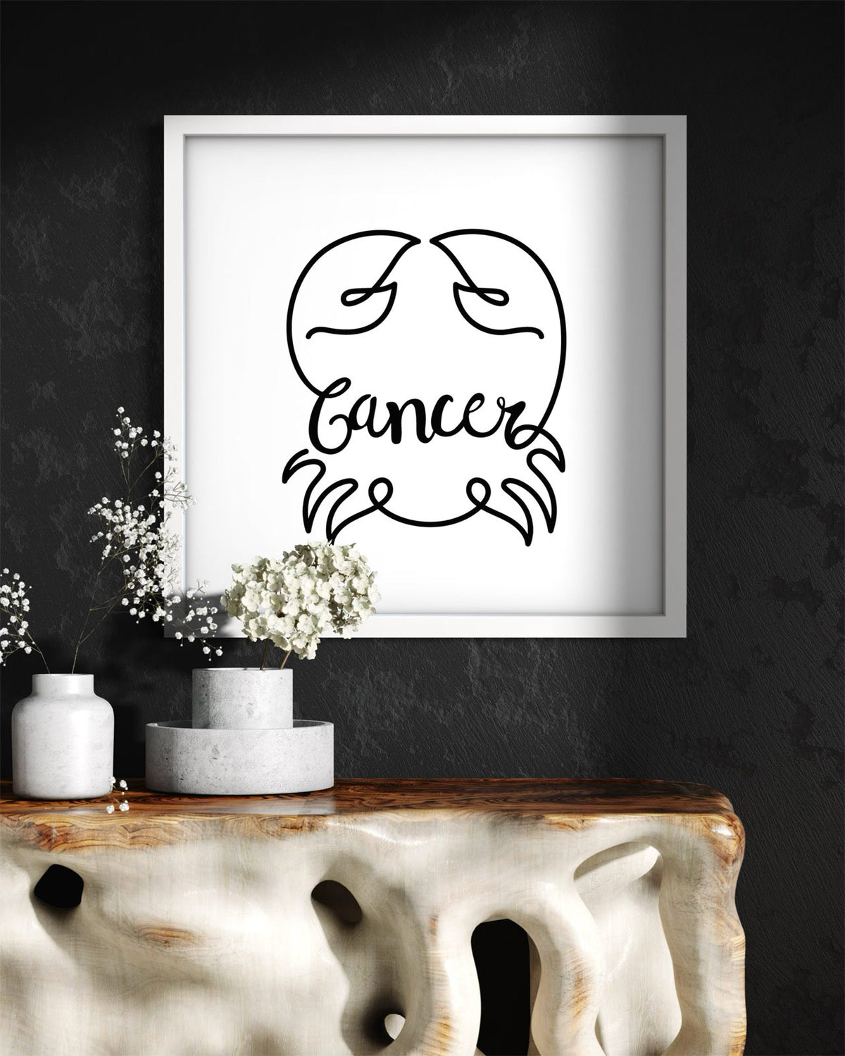 Cancer Line Drawing framed art print displayed in a second styled room setting