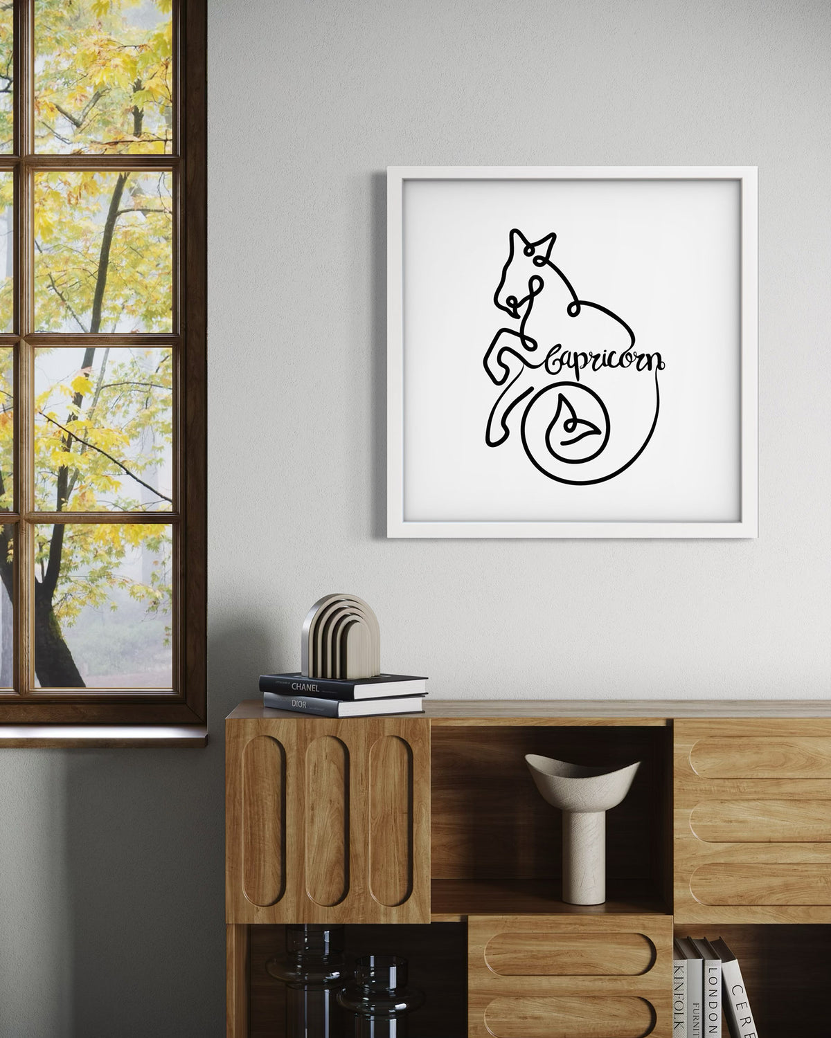 Capricorn Line Drawing framed art print displayed in a styled room setting