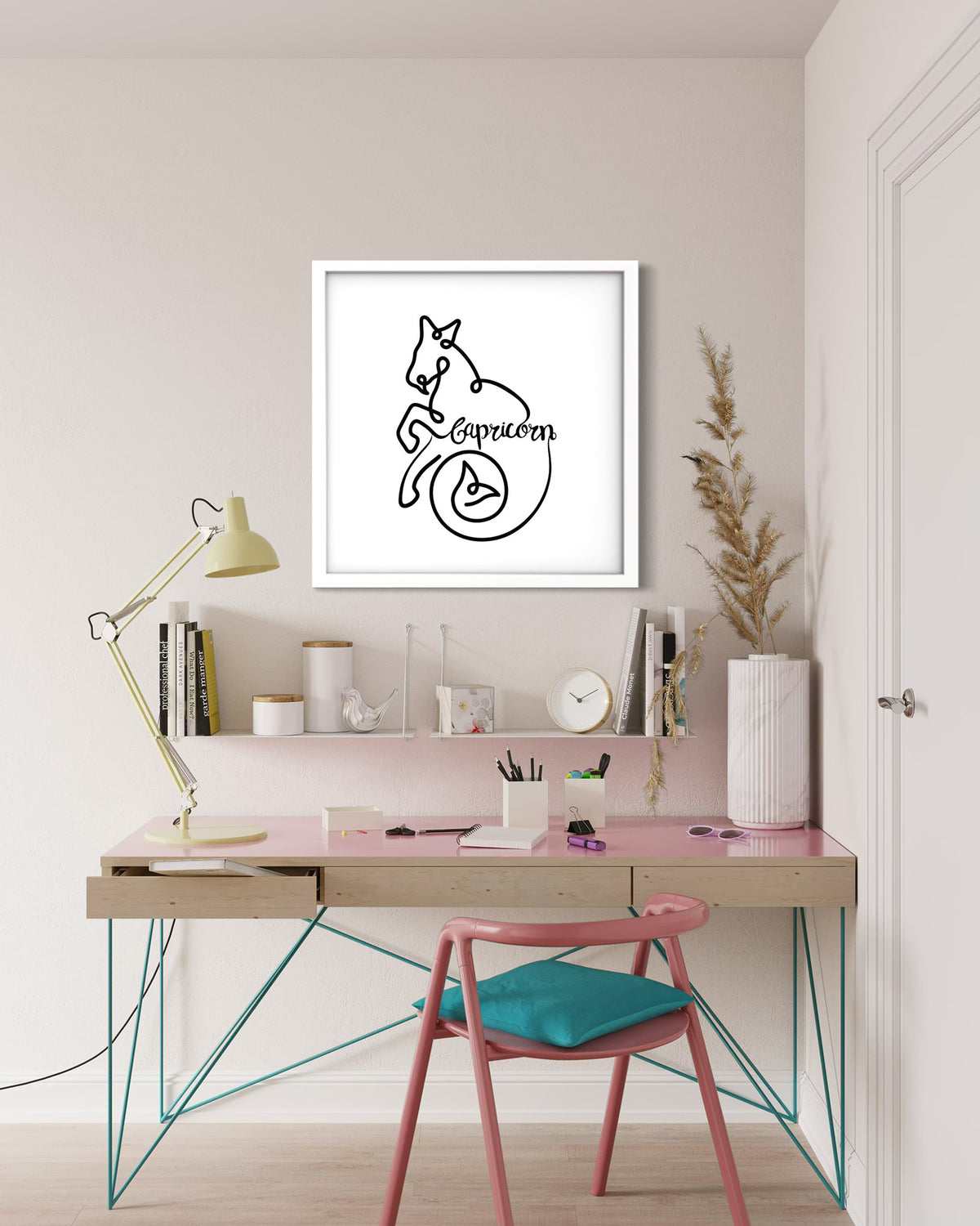Capricorn Line Drawing framed art print displayed in a second styled room setting