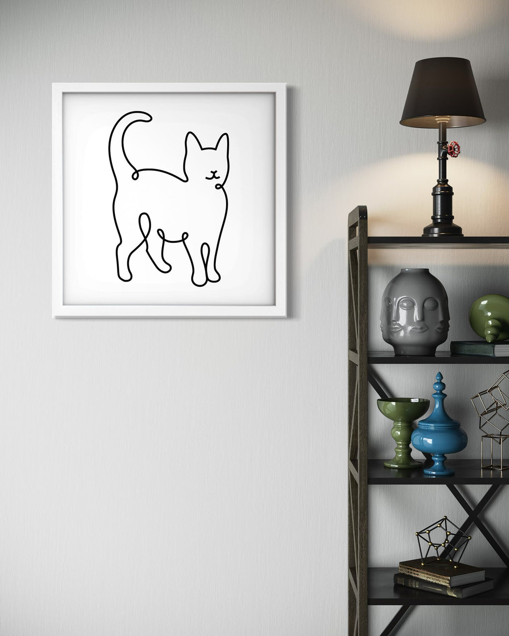 Cat framed art print displayed in a styled room setting