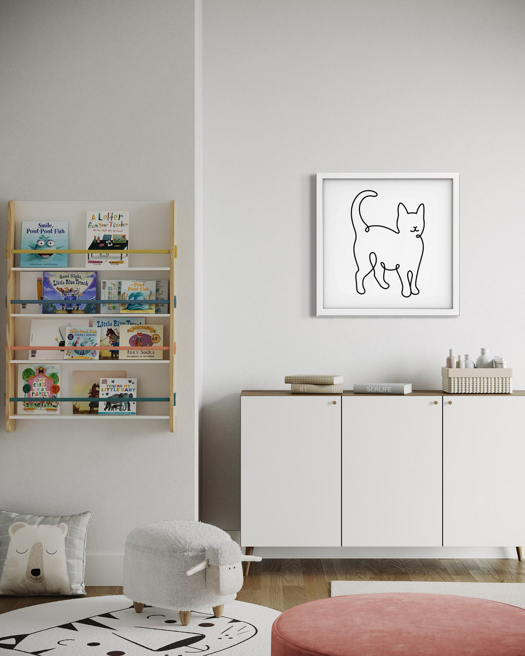 Cat framed art print displayed in a second styled room setting