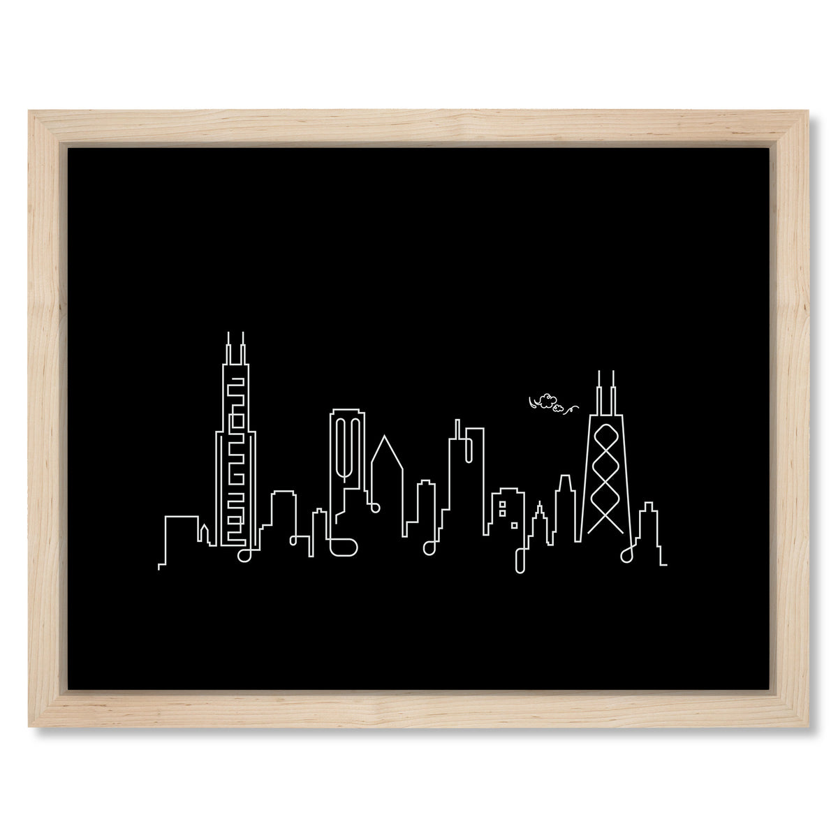 Chicago Skyline Night art print mockup in a black frame