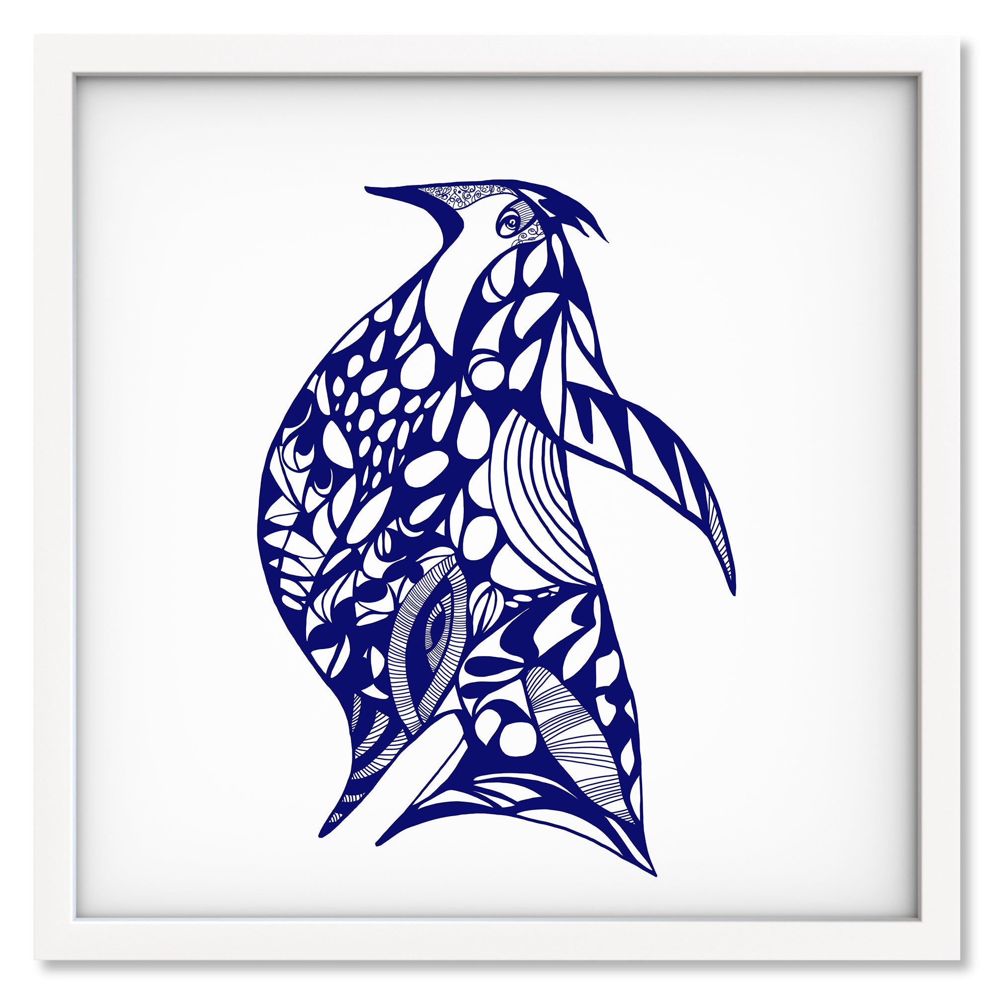 Cobalt Bird art print in a white frame