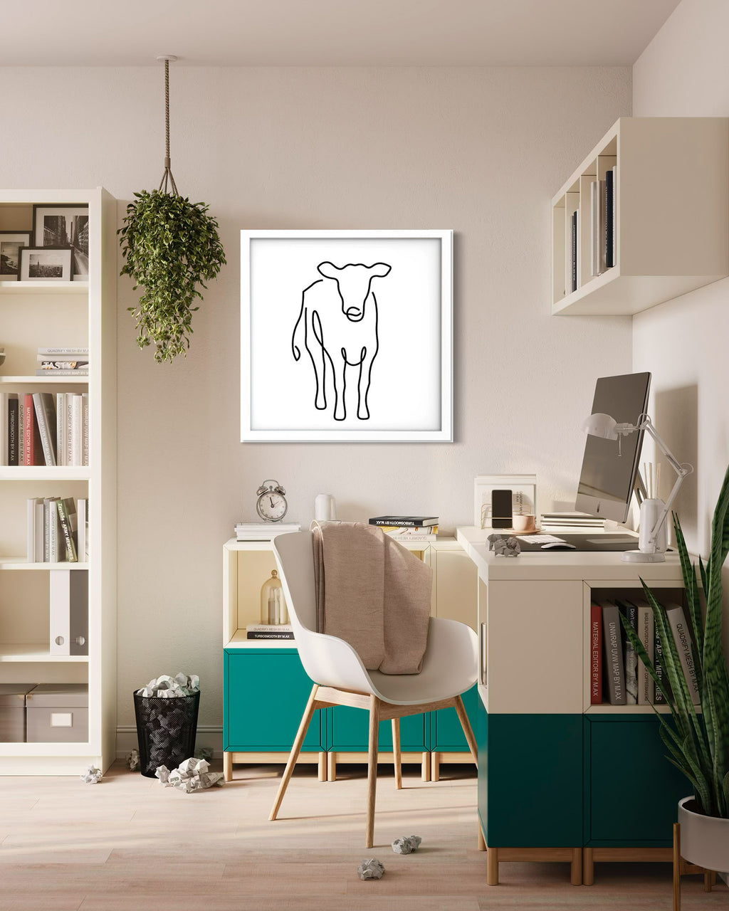 Cow framed art print displayed in a styled room setting