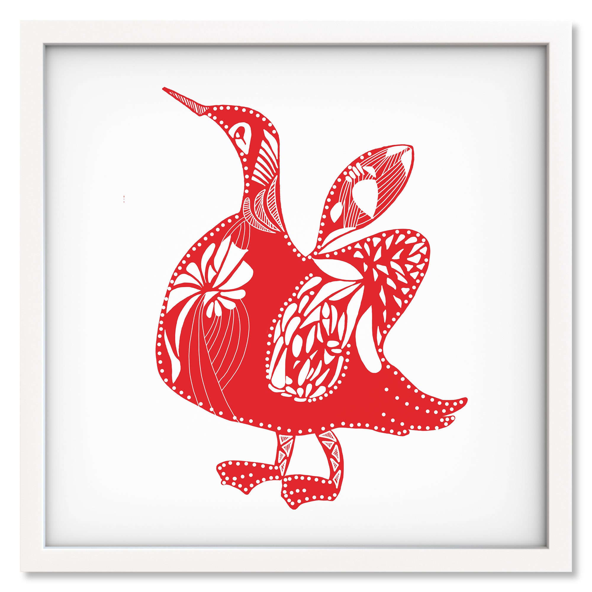 Crimson Bird art print in a white frame