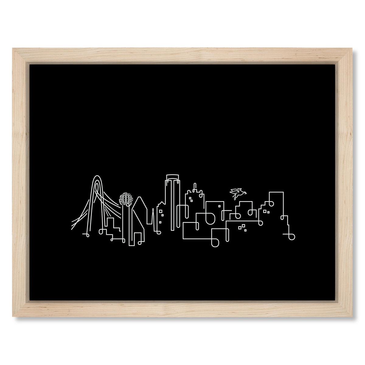 Dallas Skyline Night art print mockup in a black frame