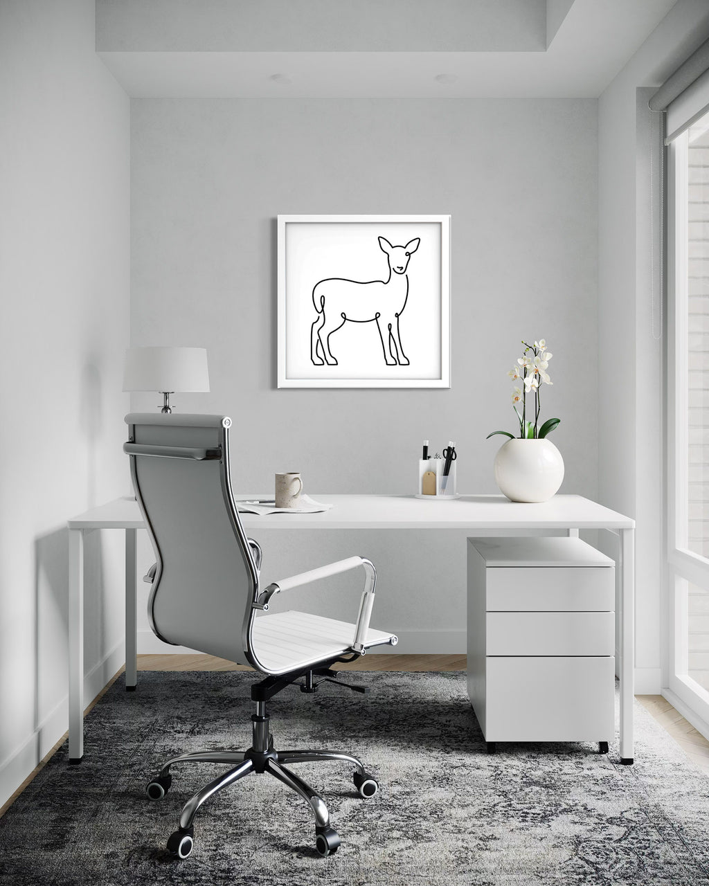 Deer framed art print displayed in a second styled room setting