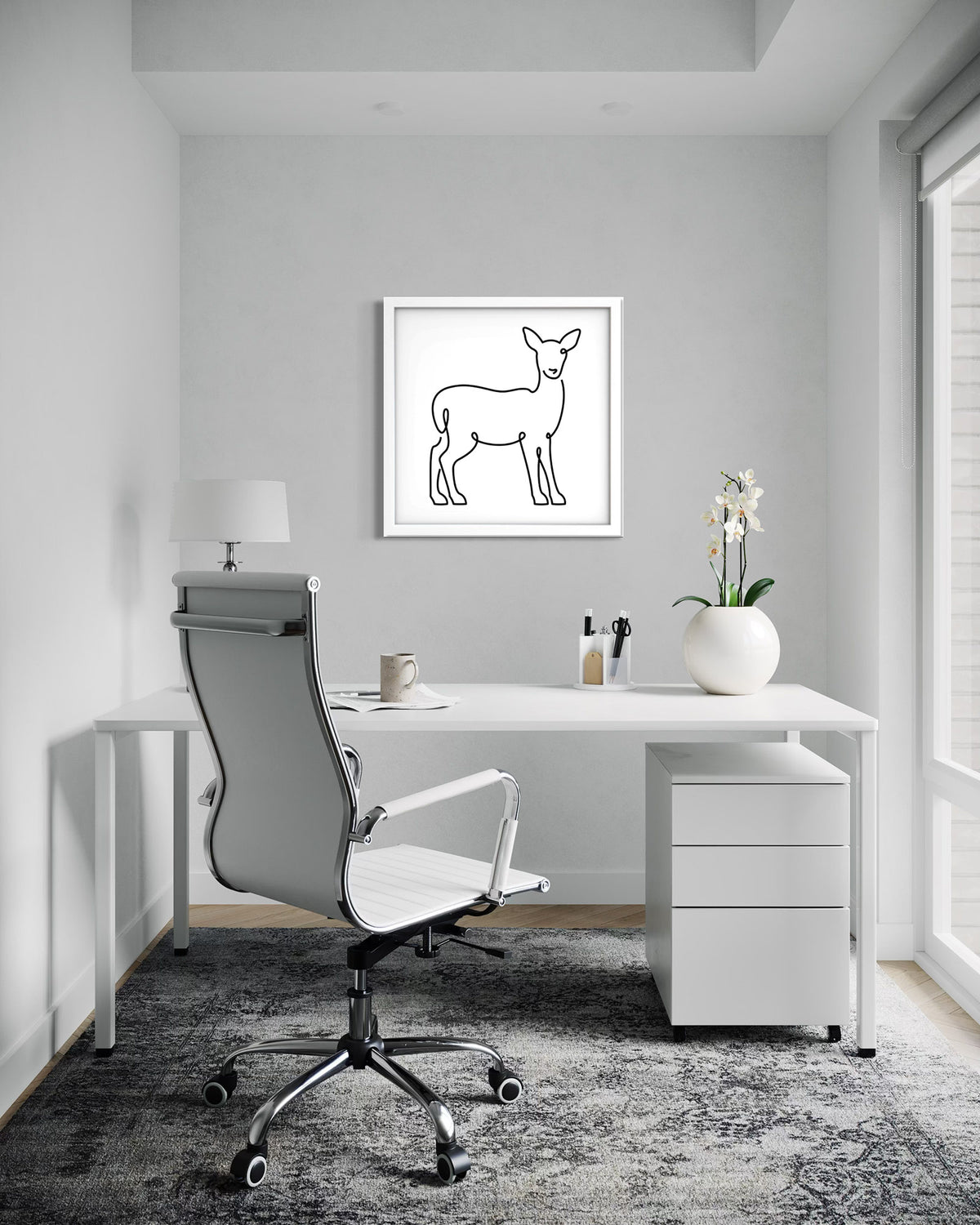 Deer framed art print displayed in a second styled room setting