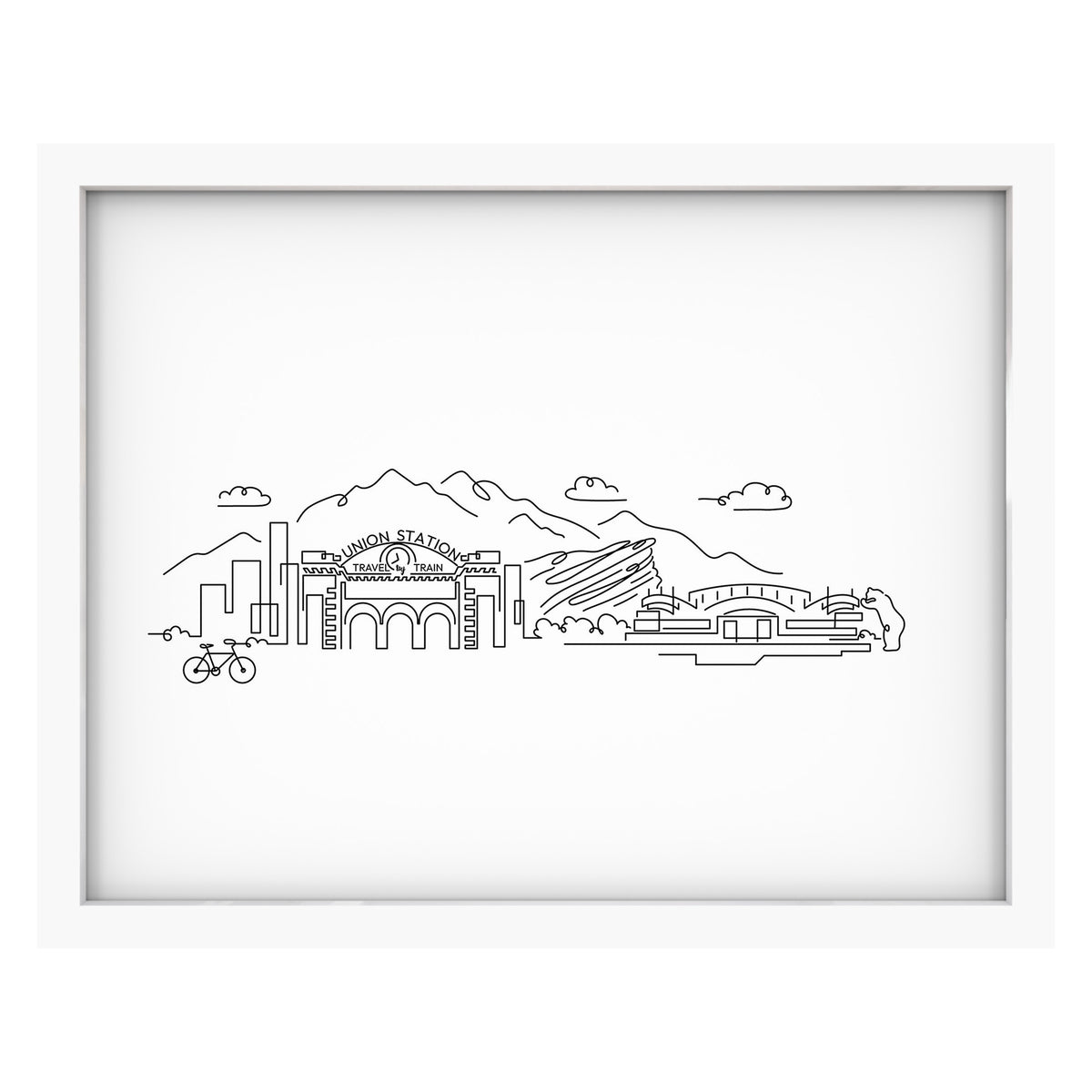 Denver Skyline art print mockup in a white frame
