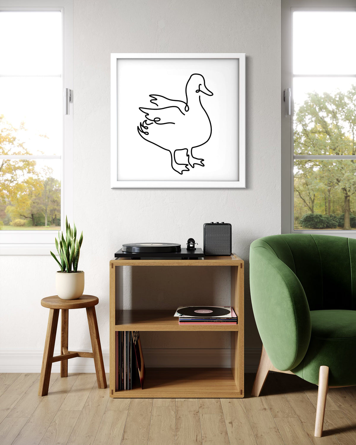 Duck framed art print displayed in a second styled room setting