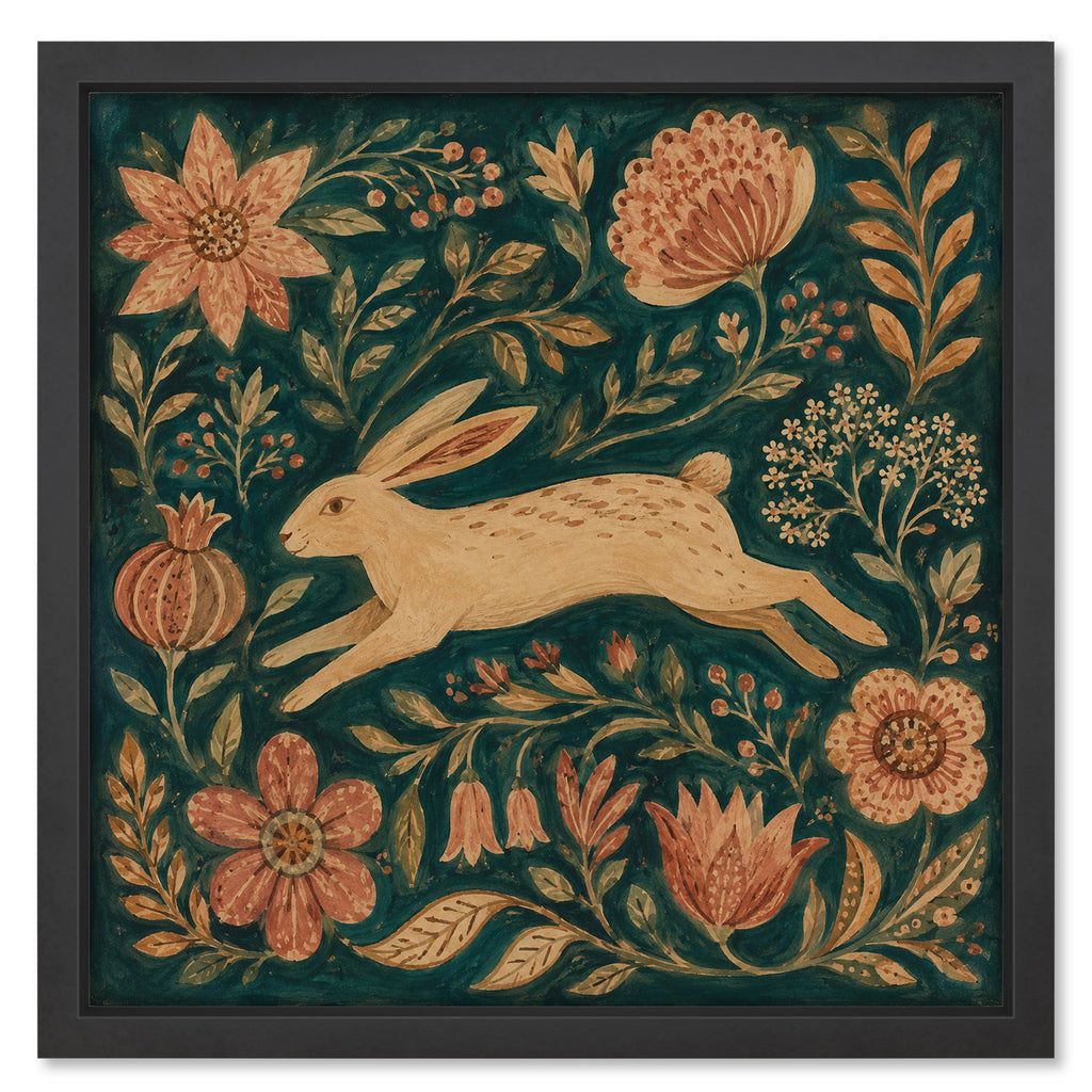 Folk Art Rabbit art print mockup in a black frame
