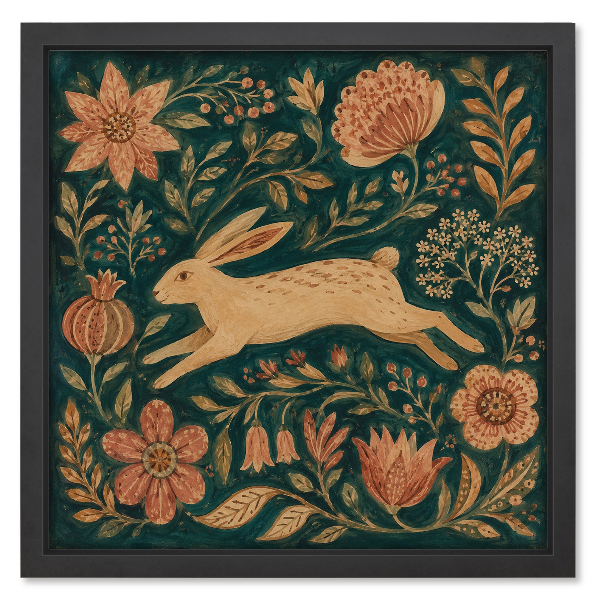 Folk Art Rabbit art print in a black frame