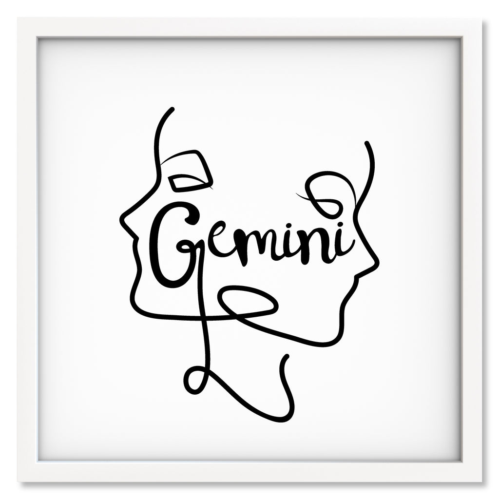 Gemini Line Drawing art print mockup in a white frame
