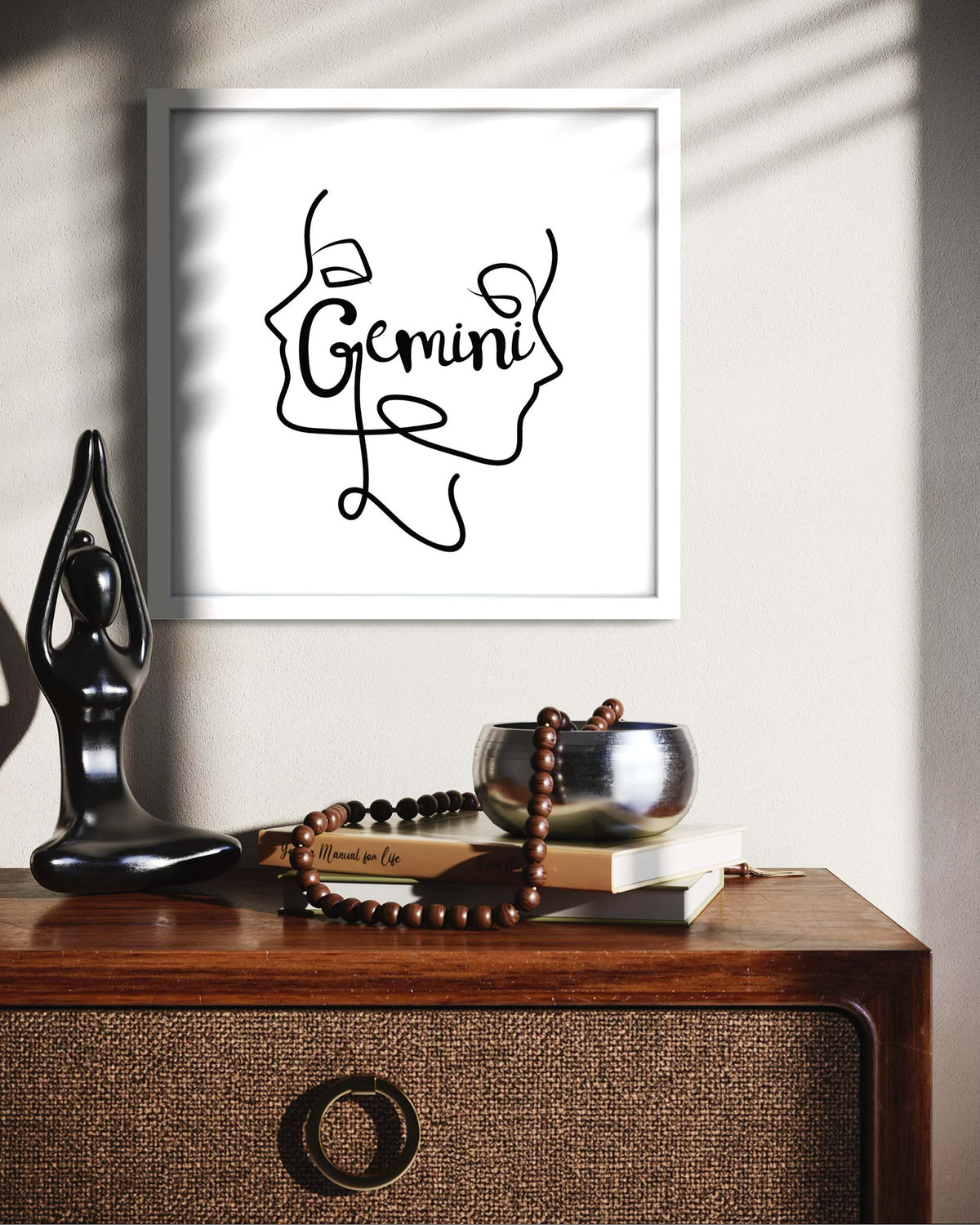 Gemini Line Drawing framed art print displayed in a second styled room setting