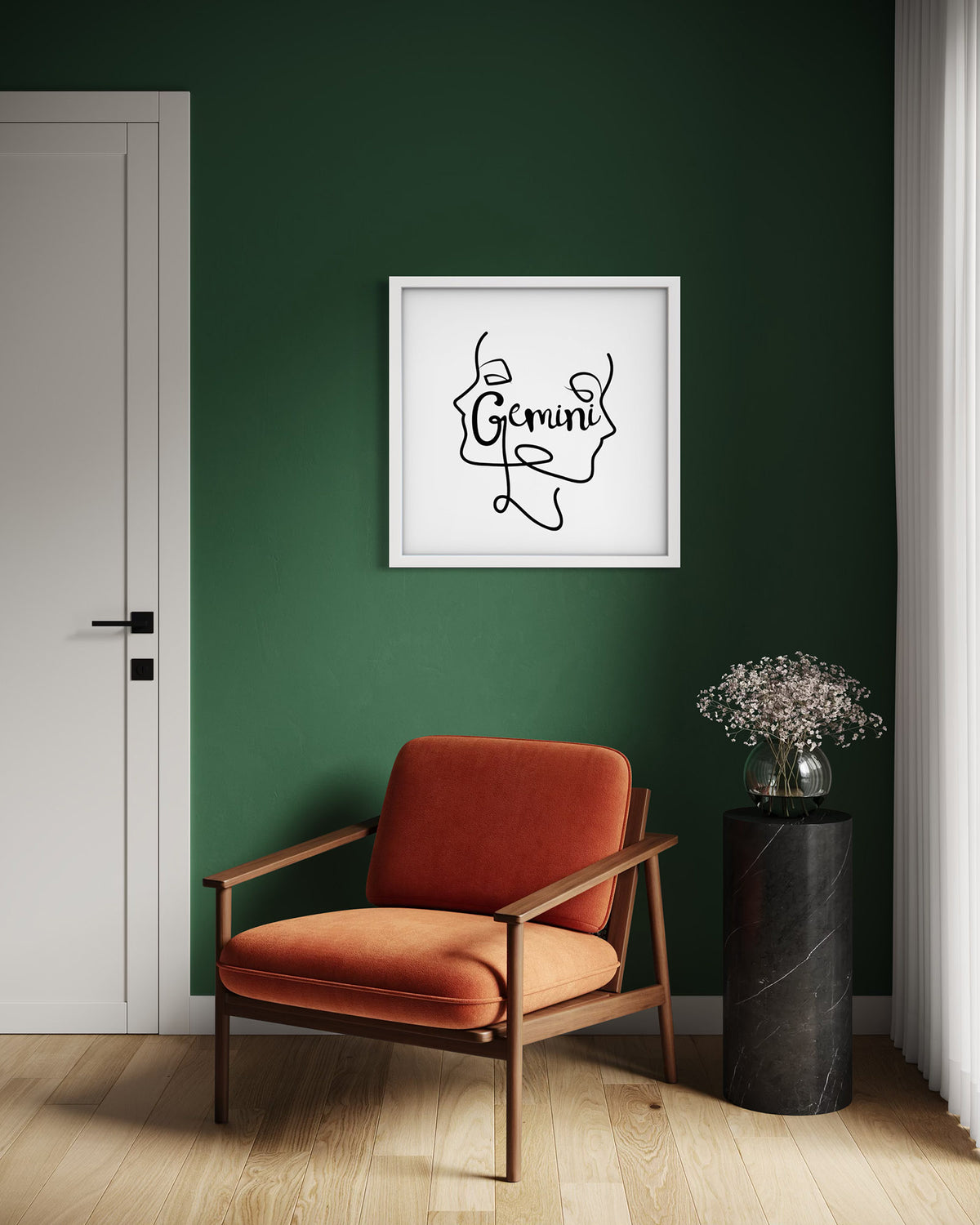 Gemini Line Drawing framed art print displayed in a styled room setting