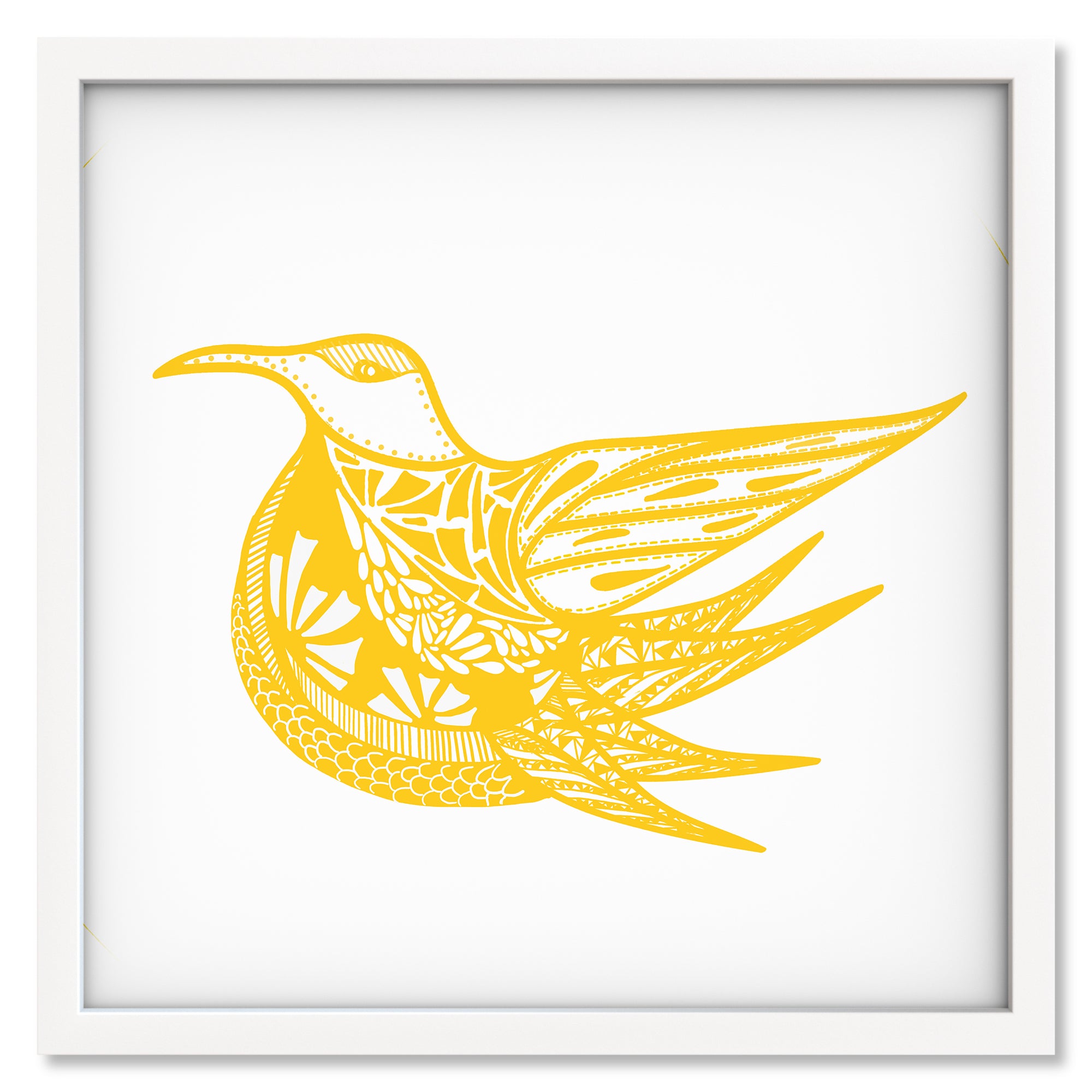 Golden Bird art print in a white frame