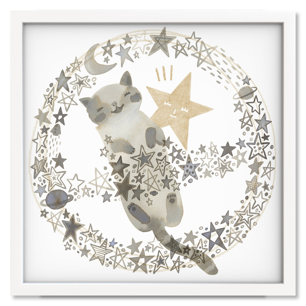 Goodnight Kitty art print mockup in a white frame
