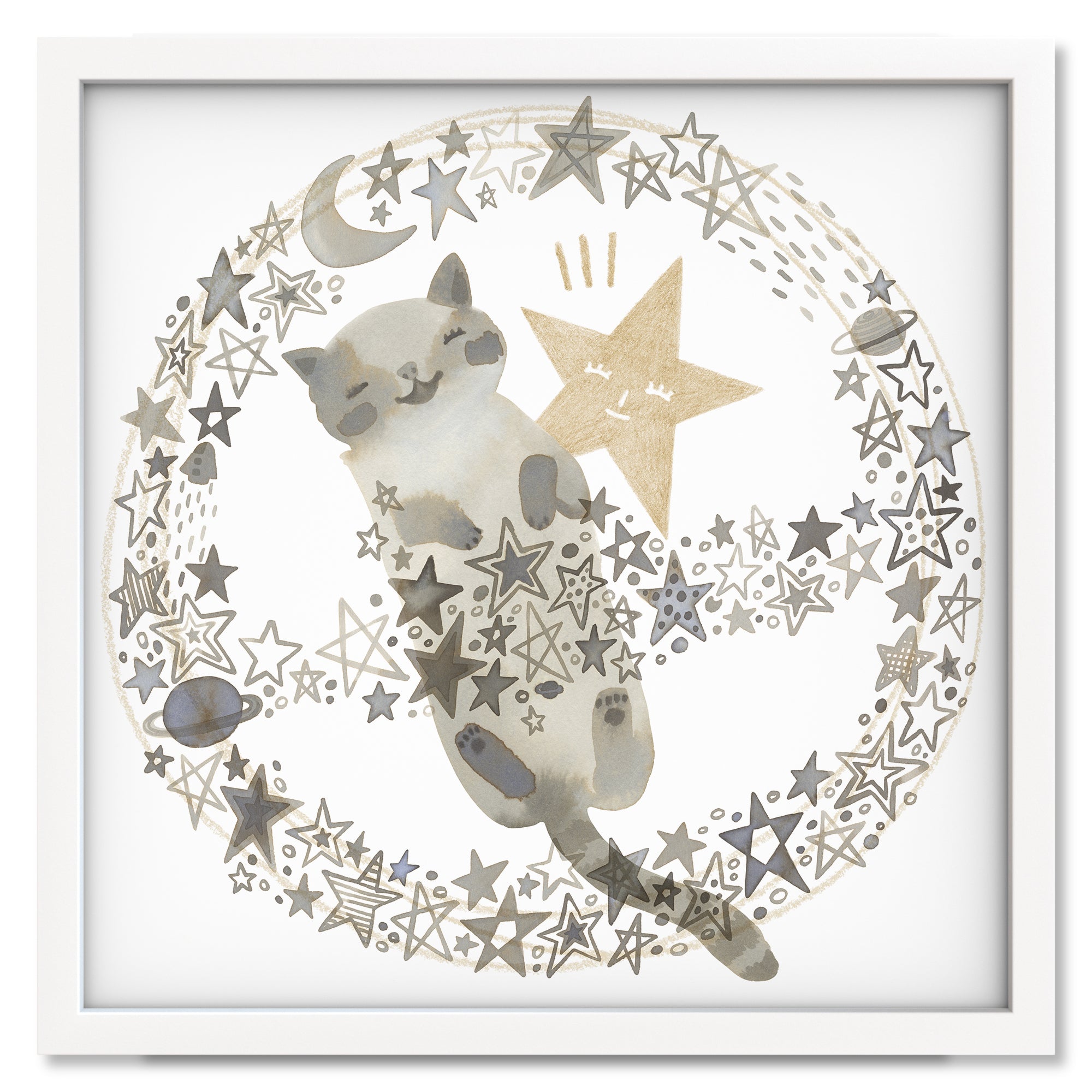 Goodnight Kitty art print in a white frame