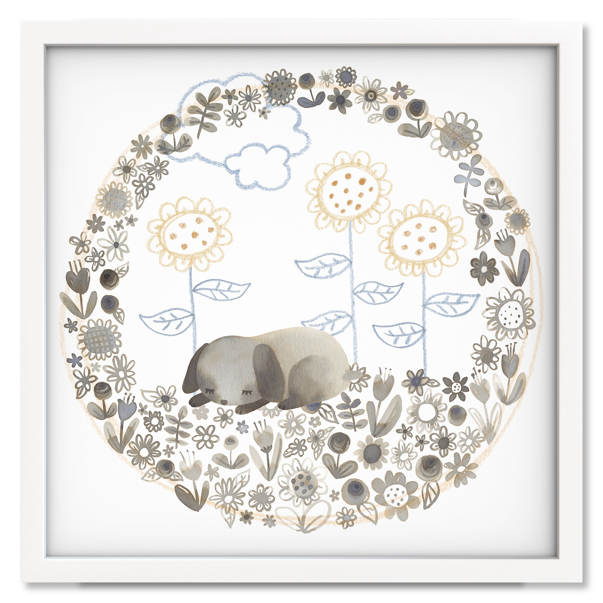 Happiness is a Warm Puppy art print in a white frame