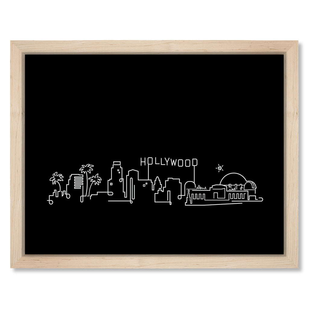 Hollywood Skyline Night art print mockup in a black frame