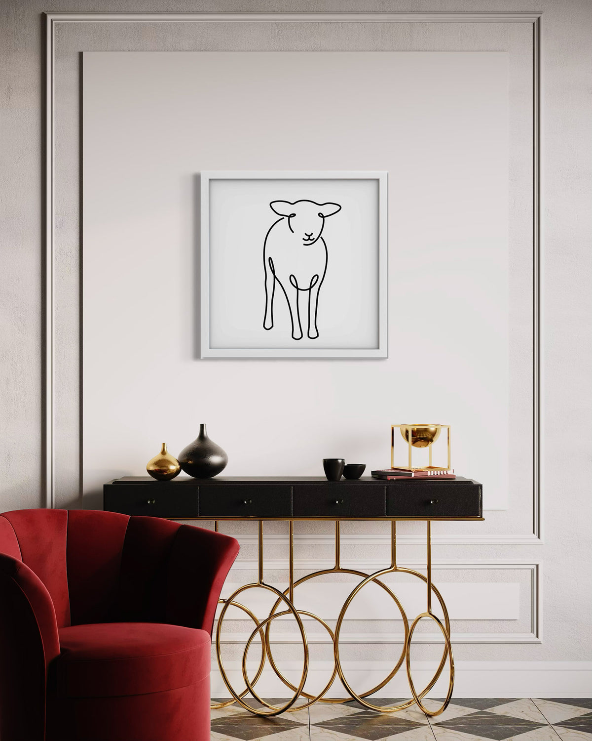 Lamb framed art print displayed in a styled room setting