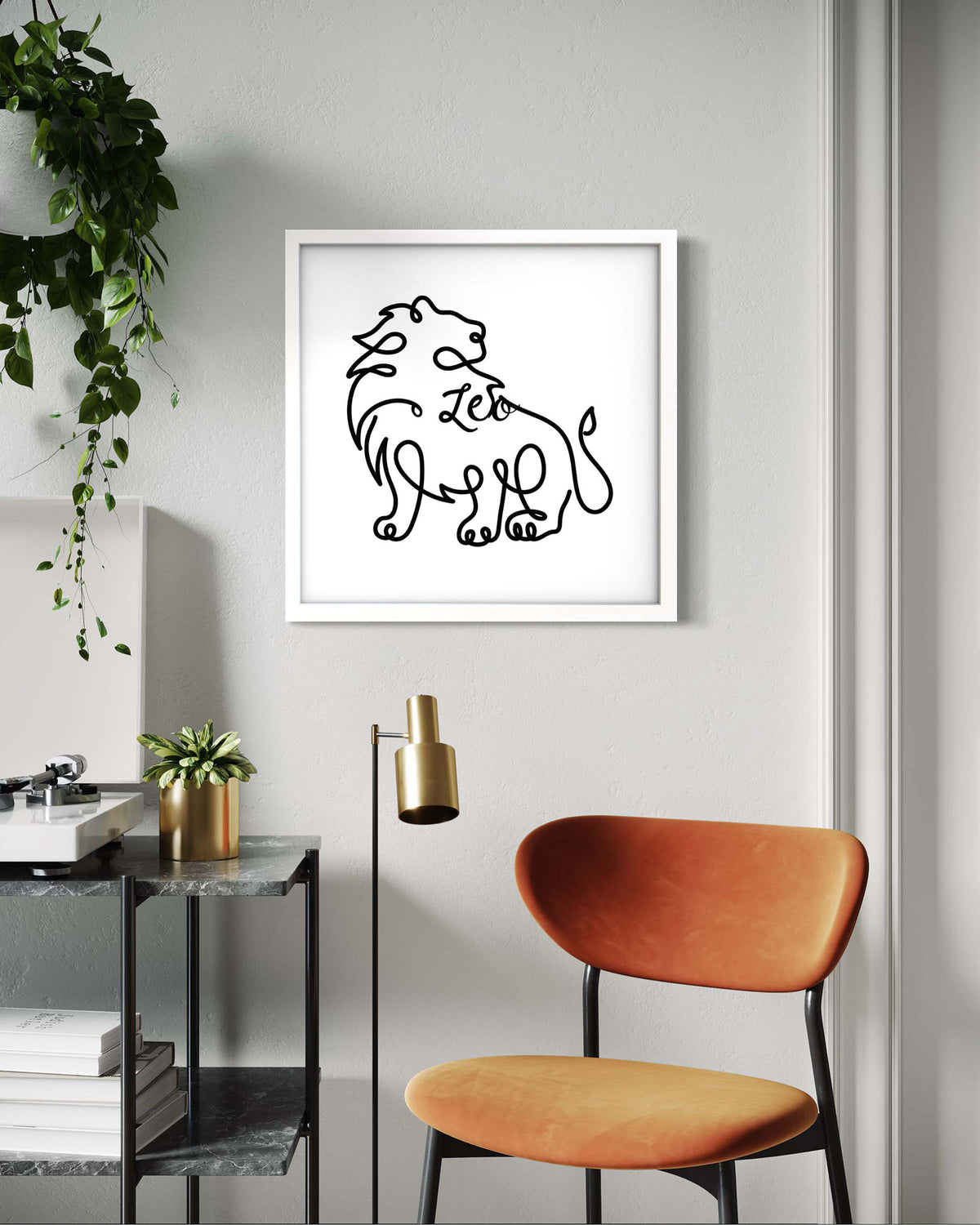 Leo Line Drawing framed art print displayed in a second styled room setting