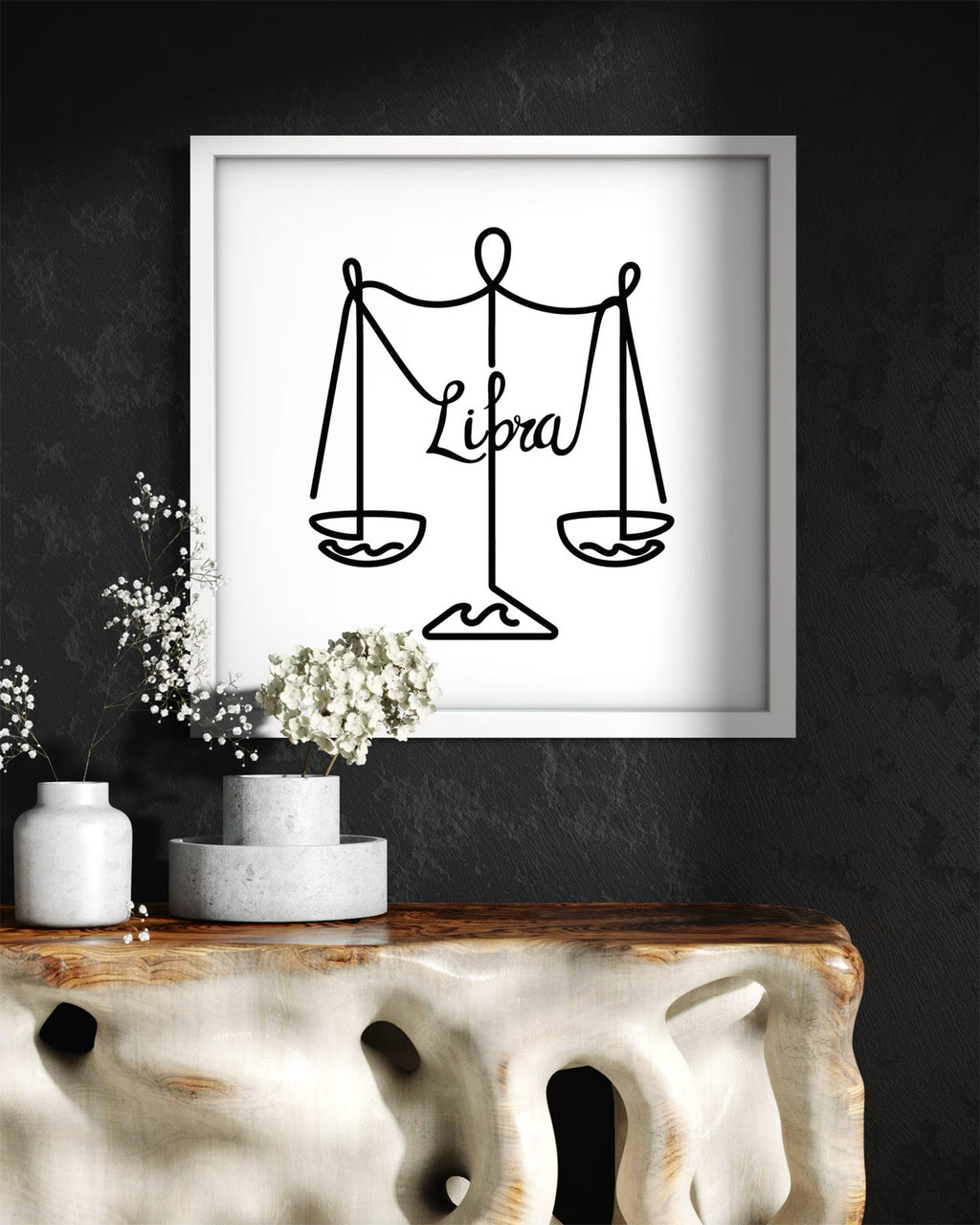 Libra Line Drawing framed art print displayed in a styled room setting