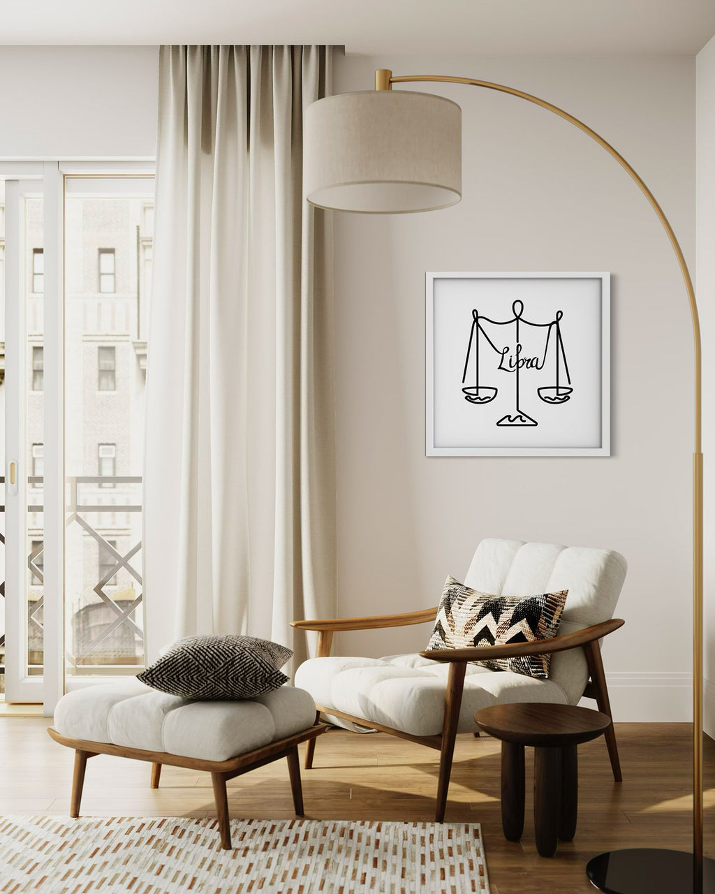 Libra Line Drawing framed art print displayed in a second styled room setting