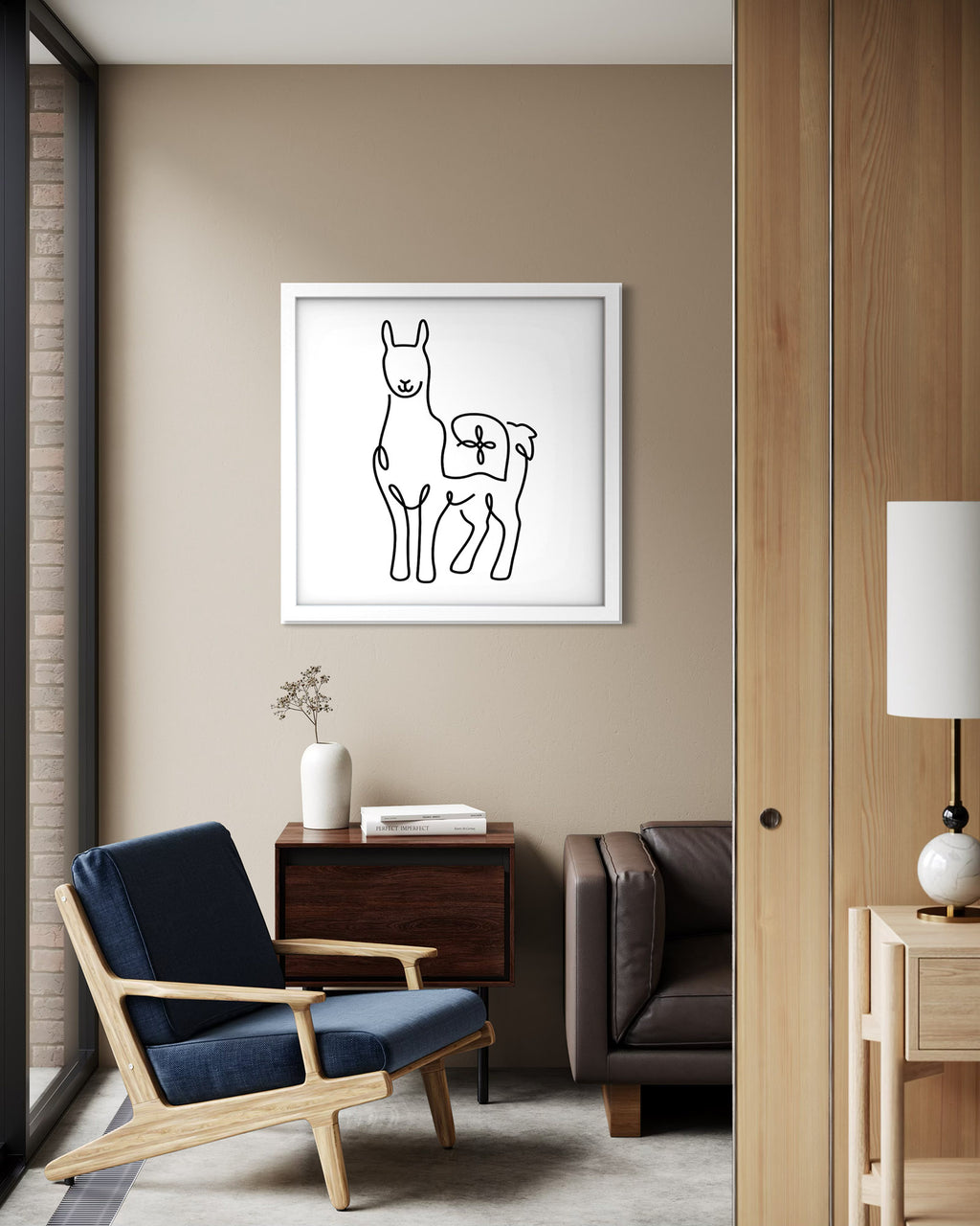 Llama framed art print displayed in a second styled room setting