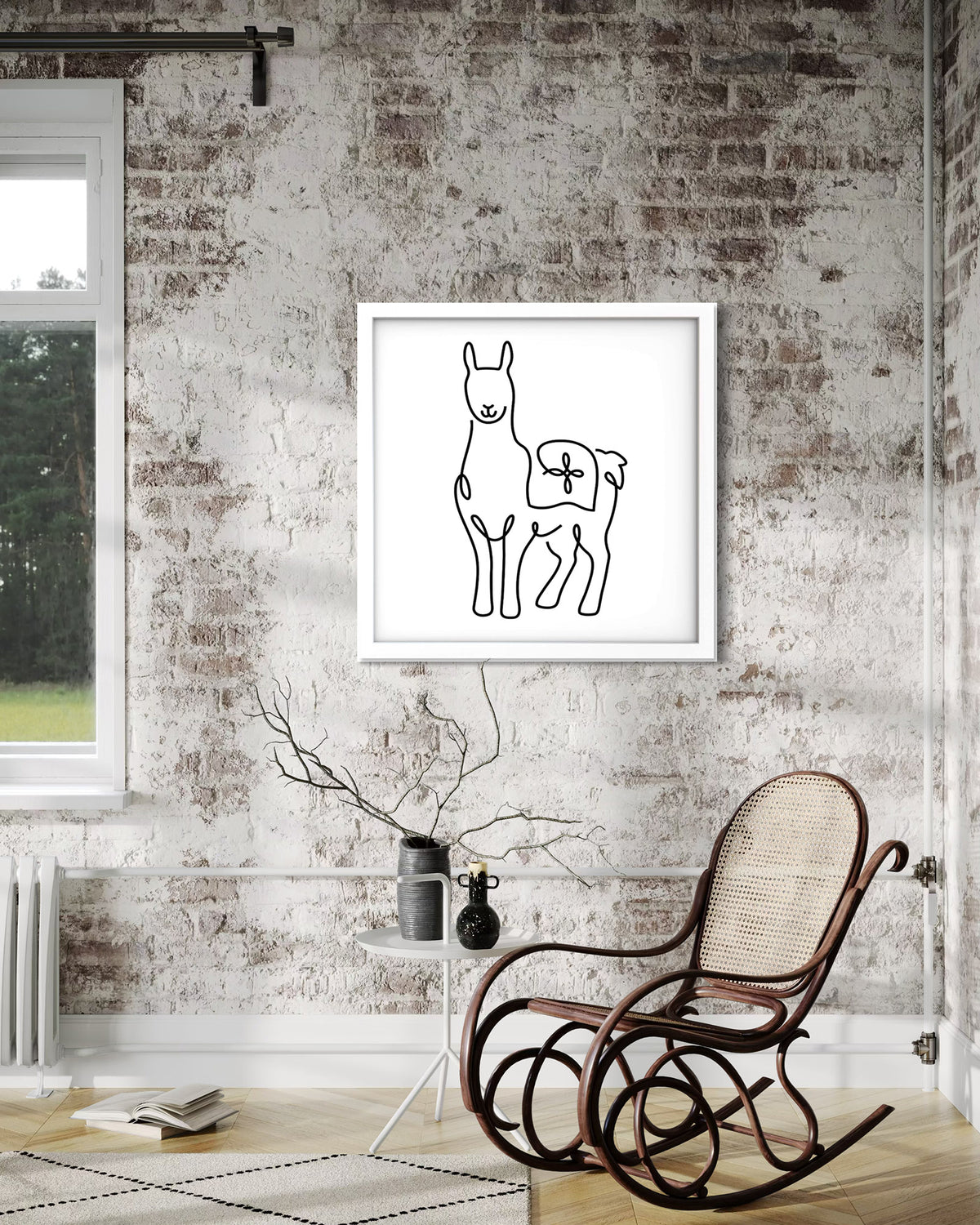 Llama framed art print displayed in a styled room setting