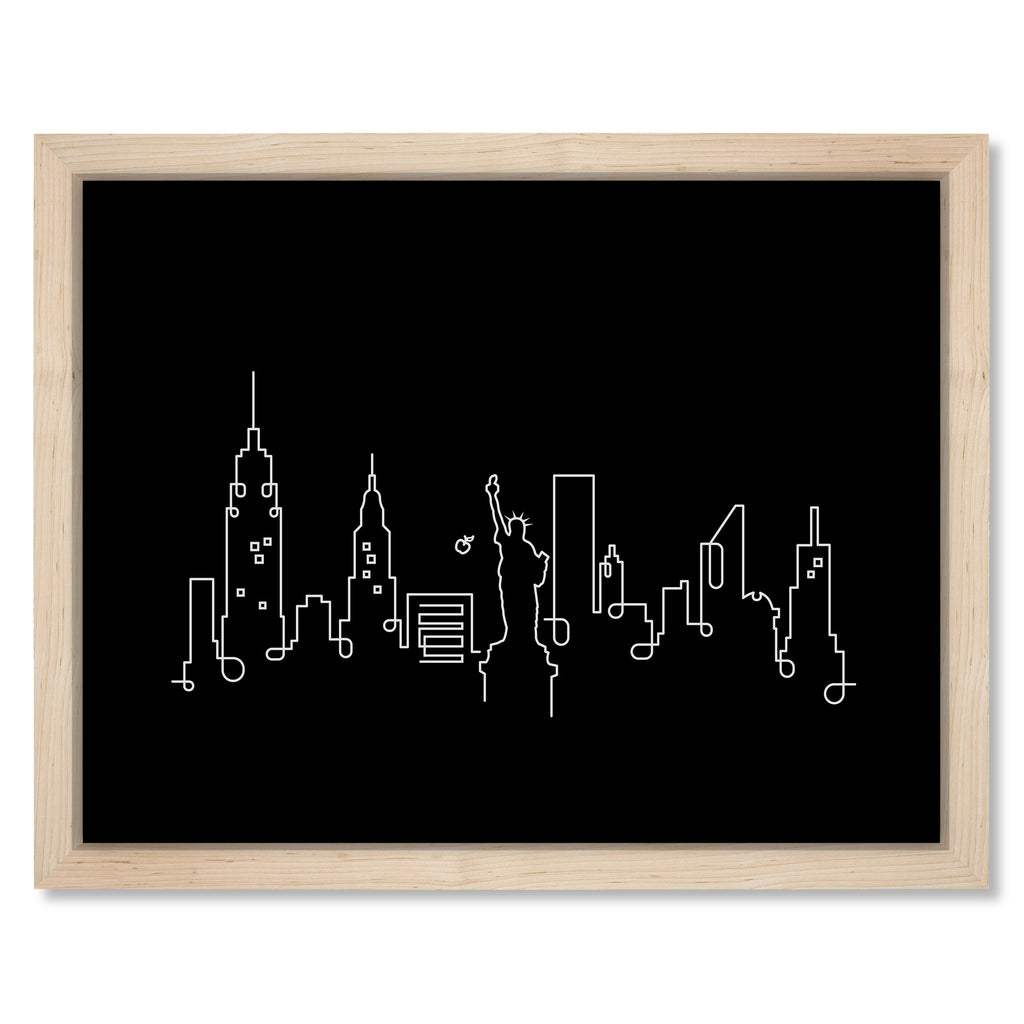 New York Skyline Night art print mockup in a black frame