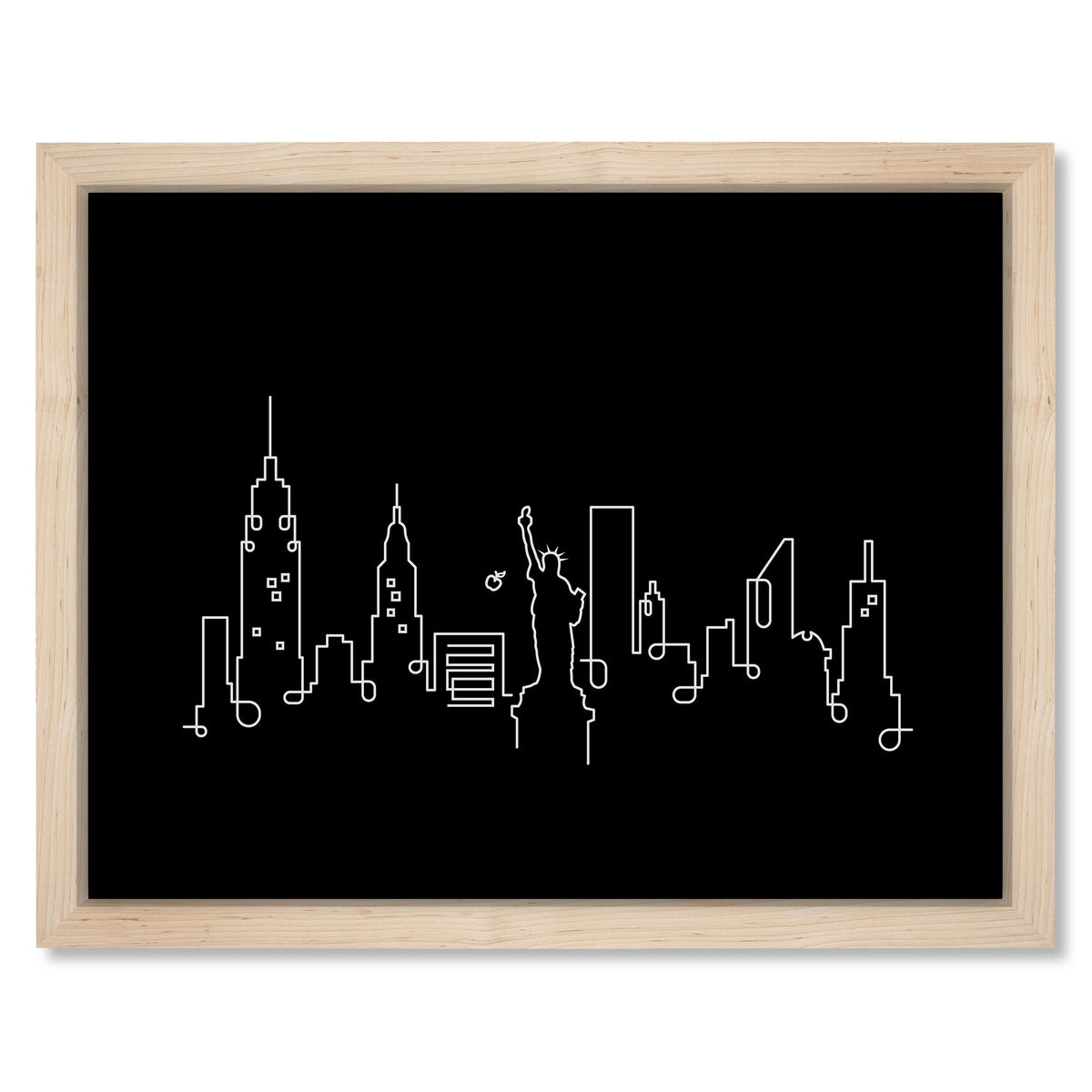New York Skyline Night art print mockup in a black frame