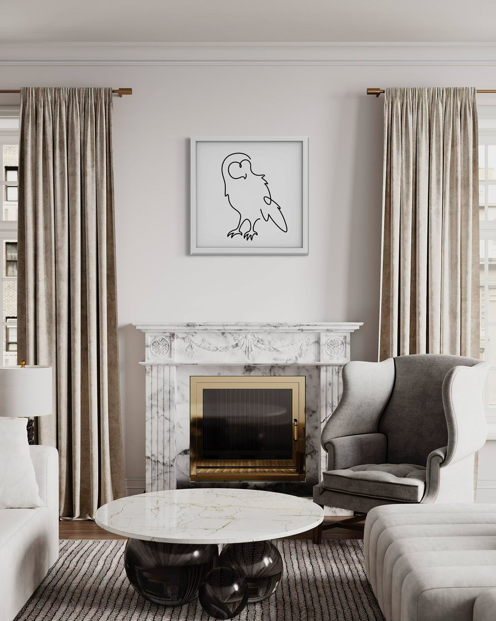 Owl framed art print displayed in a styled room setting