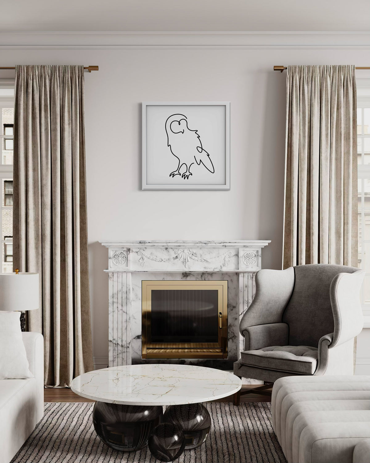 Owl framed art print displayed in a styled room setting