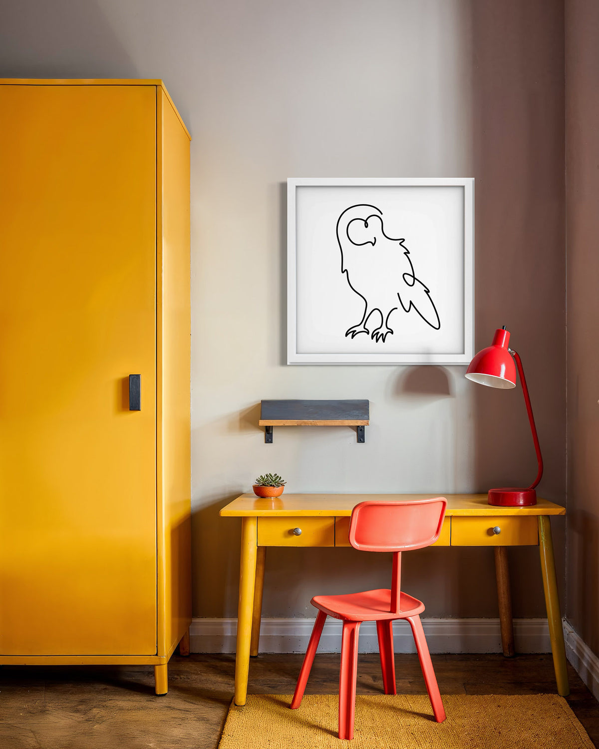 Owl framed art print displayed in a second styled room setting
