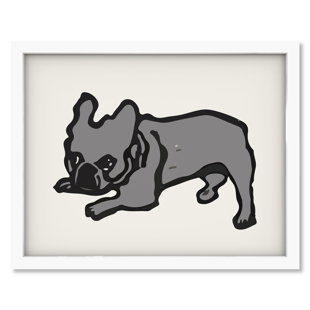 Pickles the Frenchie! art print mockup in a white frame