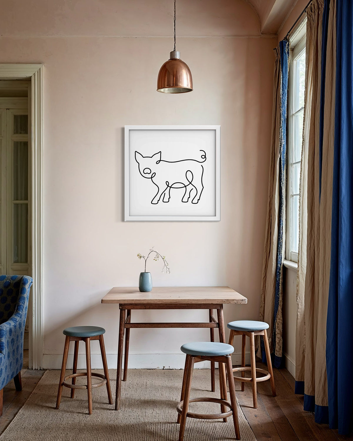 Pig framed art print displayed in a styled room setting