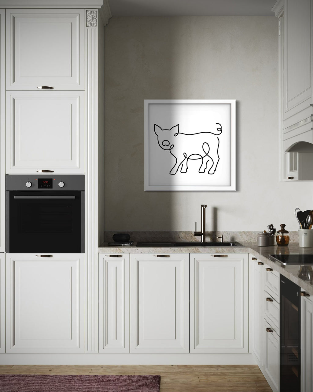 Pig framed art print displayed in a second styled room setting