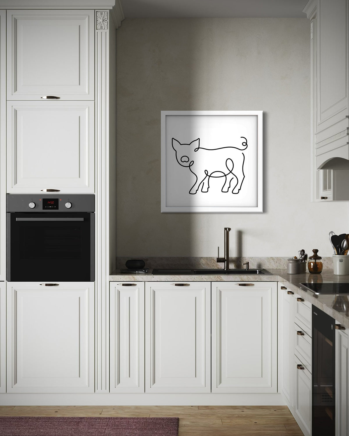 Pig framed art print displayed in a second styled room setting
