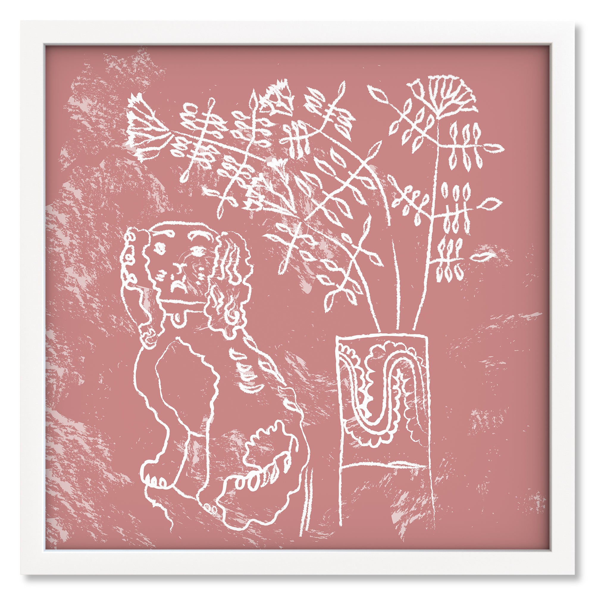 Pink Foo art print in a white frame