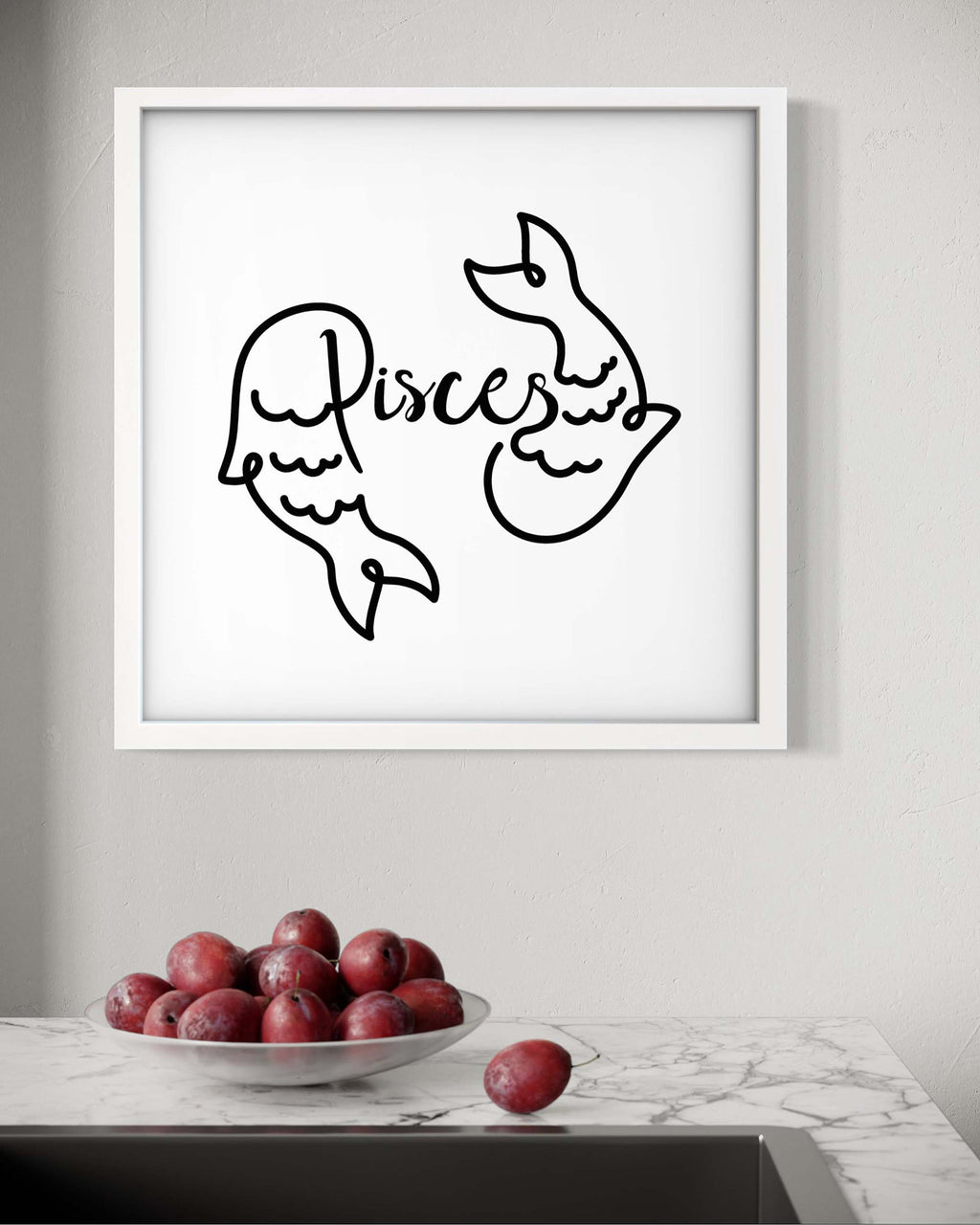 Pisces Line Drawing framed art print displayed in a styled room setting