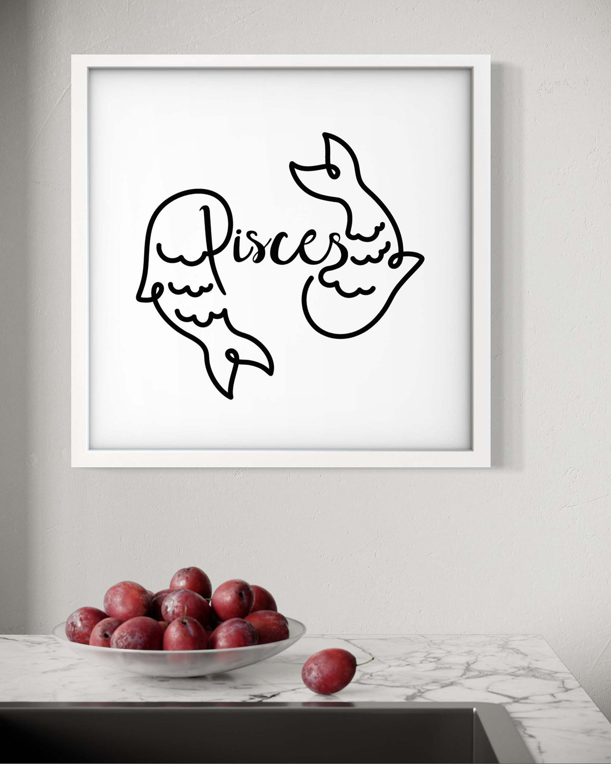 Pisces Line Drawing framed art print displayed in a styled room setting